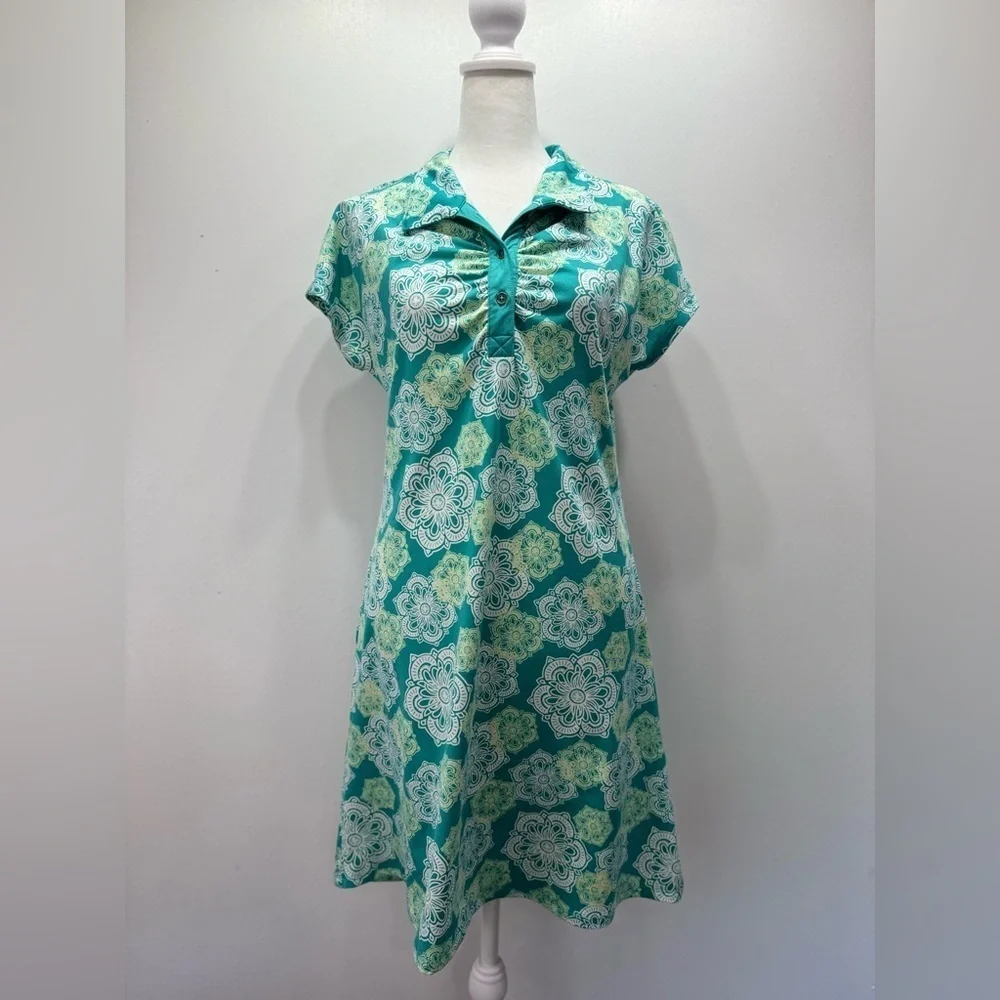 Lola Teal & Ivory Collared Golf Shirt Dress Dolman Cap Sleeves Size Medium